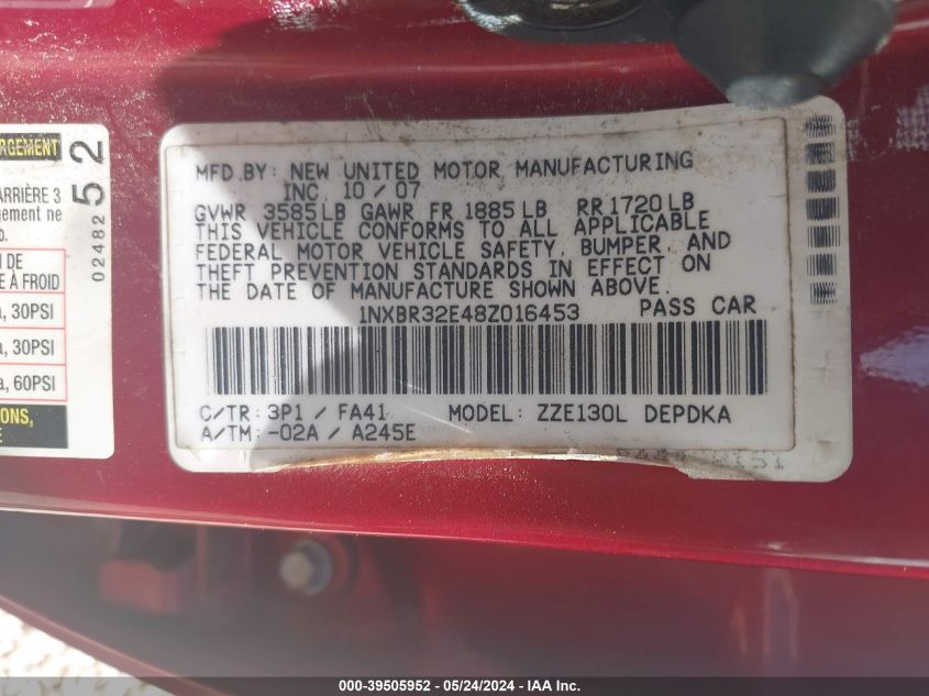 2008 Toyota Corolla Ce VIN: 1NXBR32E48Z016453 Lot: 39505952