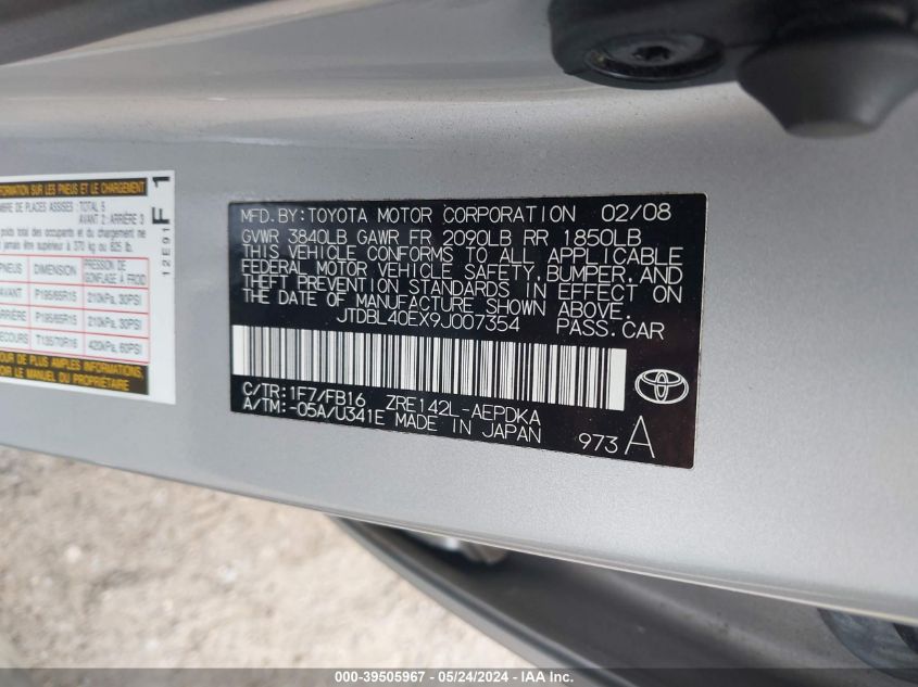 2009 Toyota Corolla Le VIN: JTDBL40EX9J007354 Lot: 39505967