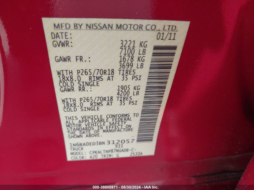 2011 Nissan Titan Sv VIN: 1N6BA0ED3BN312057 Lot: 39505971