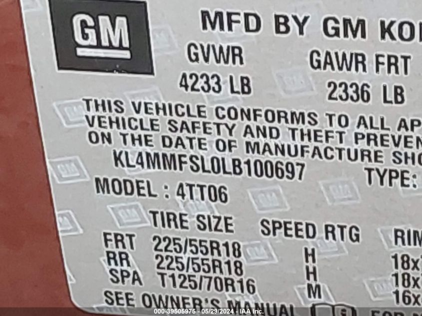 2020 Buick Encore Gx Fwd Essence VIN: KL4MMFSL0LB100697 Lot: 39505975