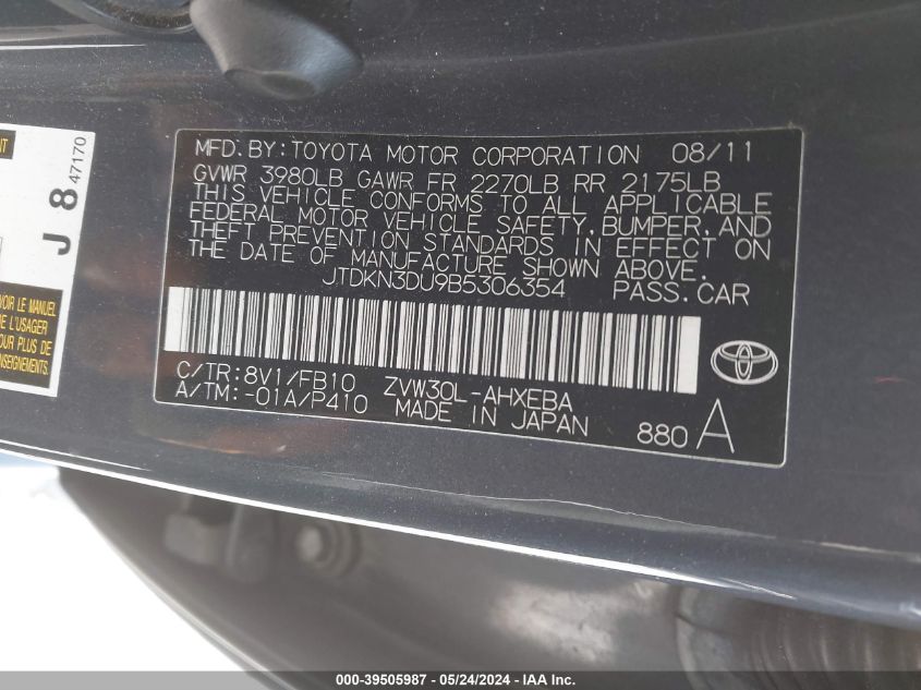 2011 Toyota Prius Three VIN: JTDKN3DU9B5306354 Lot: 39505987