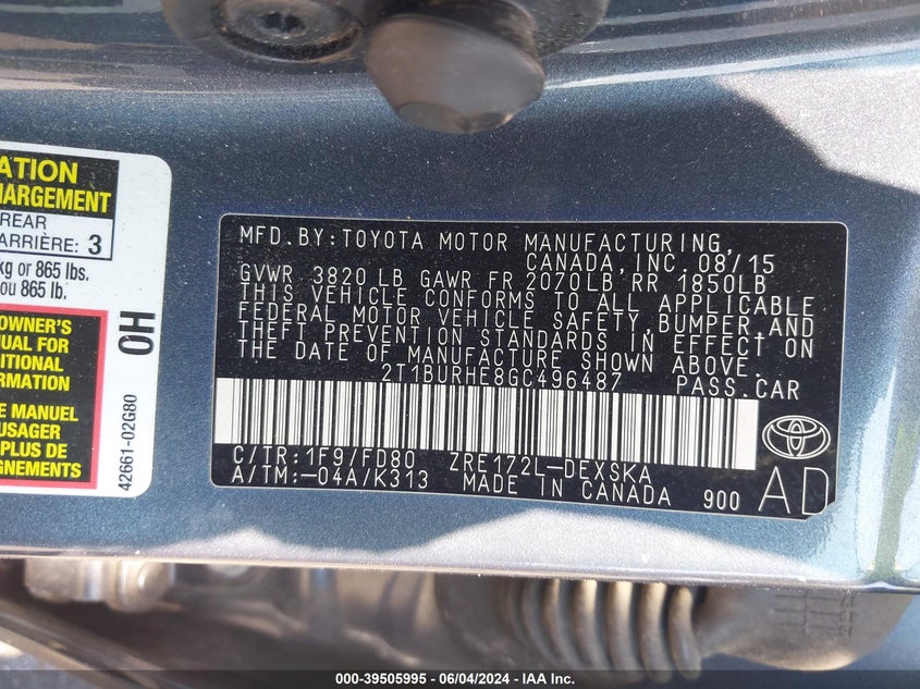 2016 Toyota Corolla S Plus VIN: 2T1BURHE8GC496487 Lot: 39505995