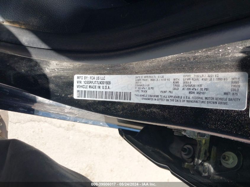 2020 Ram 1500 Laramie 4X4 5'7 Box VIN: 1C6SRFJT7LN301809 Lot: 39506017