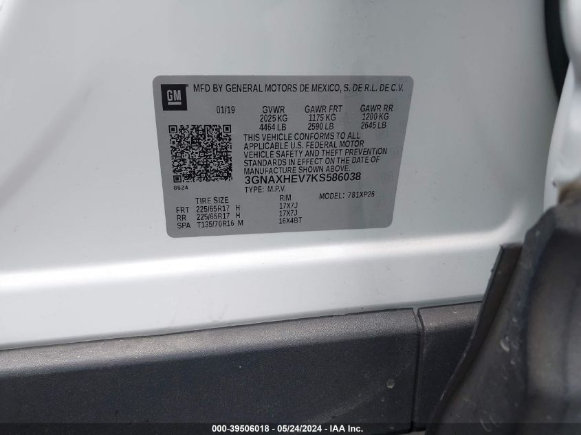 2019 Chevrolet Equinox Ls VIN: 3GNAXHEV7KS586038 Lot: 39506018