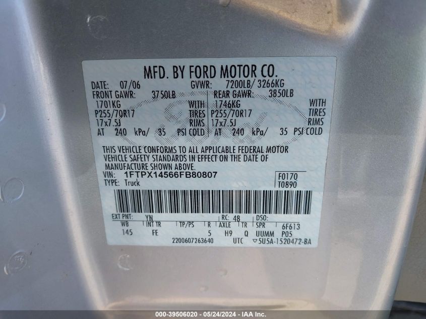 2006 Ford F-150 Fx4/Lariat/Xl/Xlt VIN: 1FTPX14566FB80807 Lot: 39506020