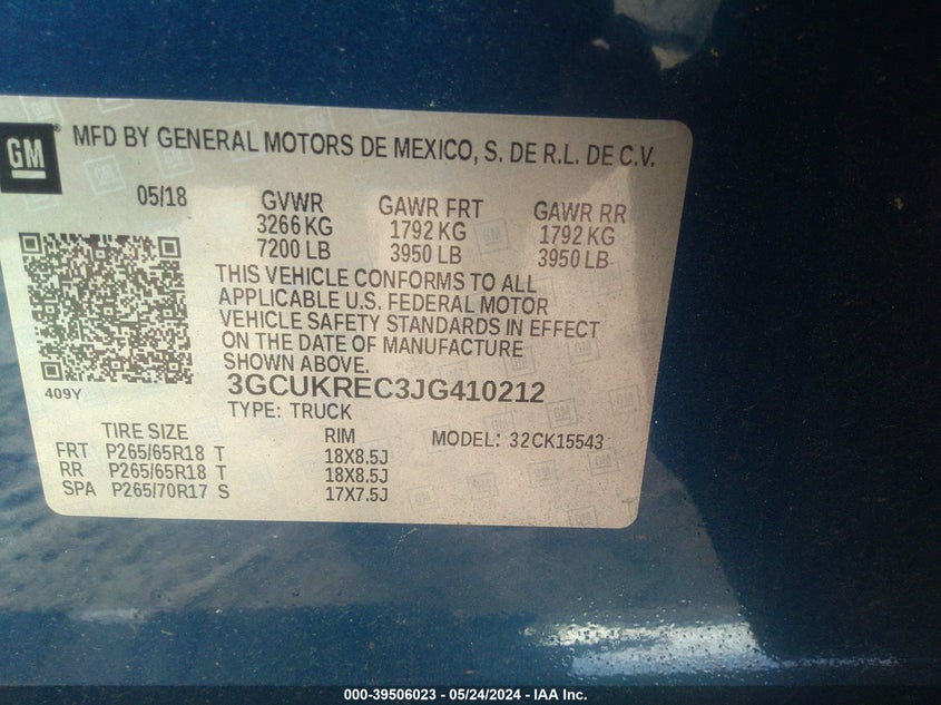 2018 Chevrolet Silverado 1500 2Lt VIN: 3GCUKREC3JG410212 Lot: 39506023