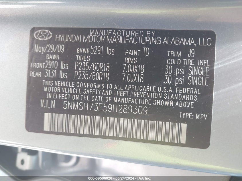 2009 Hyundai Santa Fe Limited VIN: 5NMSH73E59H289309 Lot: 39506026