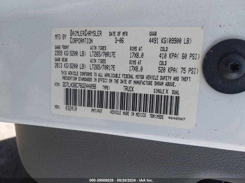 2006 Dodge Ram 3500 Slt/Trx4 Off Road/Sport VIN: 3D7LX38C76G244098 Lot: 39506028