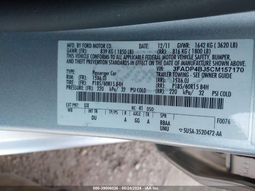 2012 Ford Fiesta Se VIN: 3FADP4BJ5CM157170 Lot: 39506036