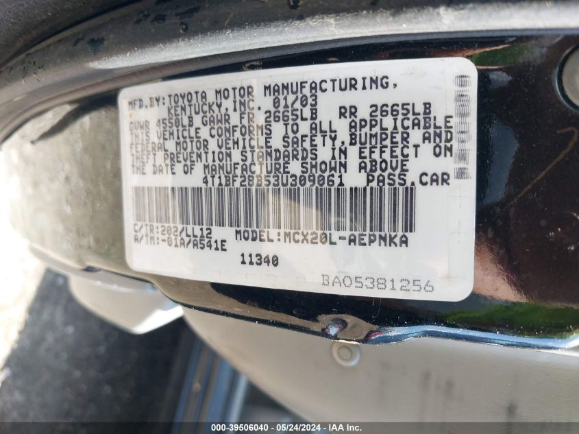 2003 Toyota Avalon Xl VIN: 4T1BF28B53U309061 Lot: 39506040