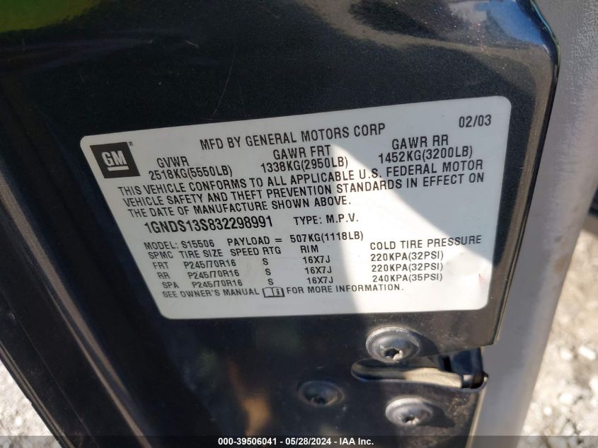 2003 Chevrolet Trailblazer Ls VIN: 1GNDS13S83229899 Lot: 39506041