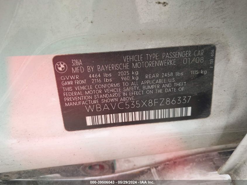 2008 BMW 328I VIN: WBAVC535X8FZ86337 Lot: 39506043