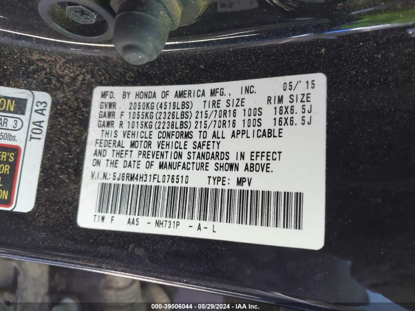 2015 Honda Cr-V Lx VIN: 5J6RM4H31FL076510 Lot: 39506044