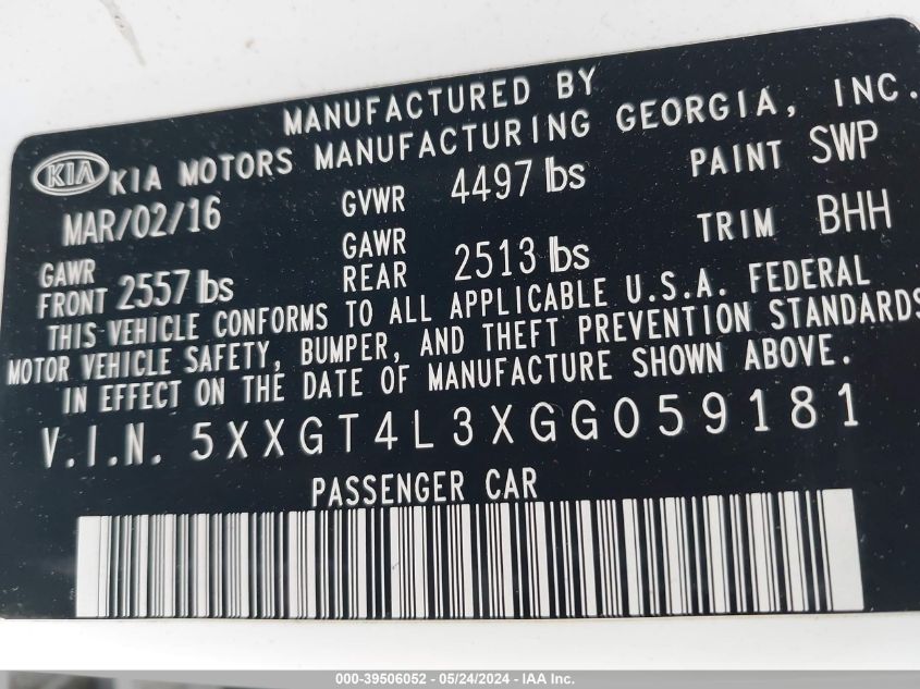 2016 Kia Optima Lx VIN: 5XXGT4L3XGG059181 Lot: 39506052