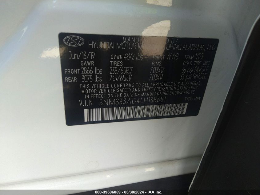 2020 Hyundai Santa Fe Sel/Sel Plus VIN: 5NMS33AD4LH138681 Lot: 39506059