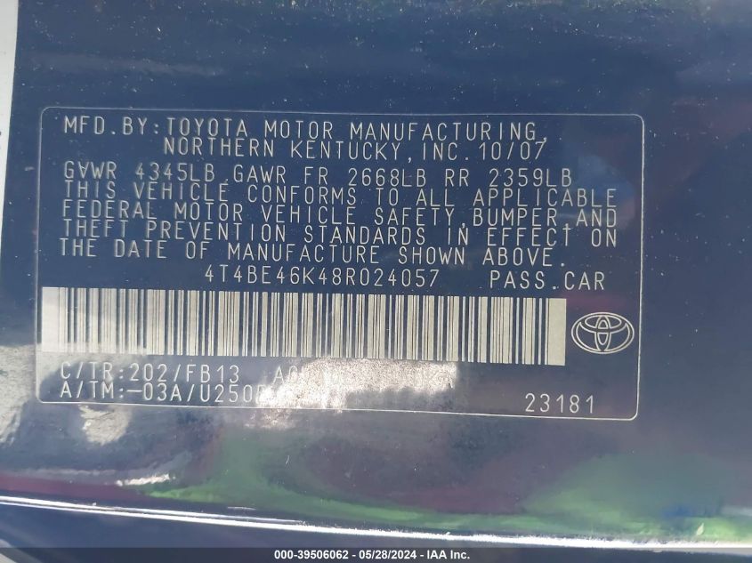 2008 Toyota Camry Le VIN: 4T4BE46K48R024057 Lot: 39506062