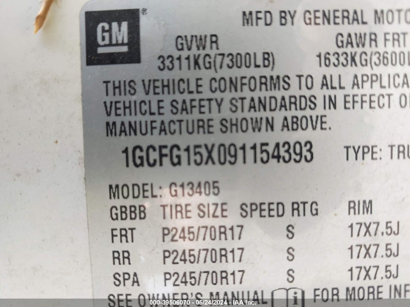 2009 Chevrolet Express 1500 Work Van VIN: 1GCFG15X091154393 Lot: 39506070