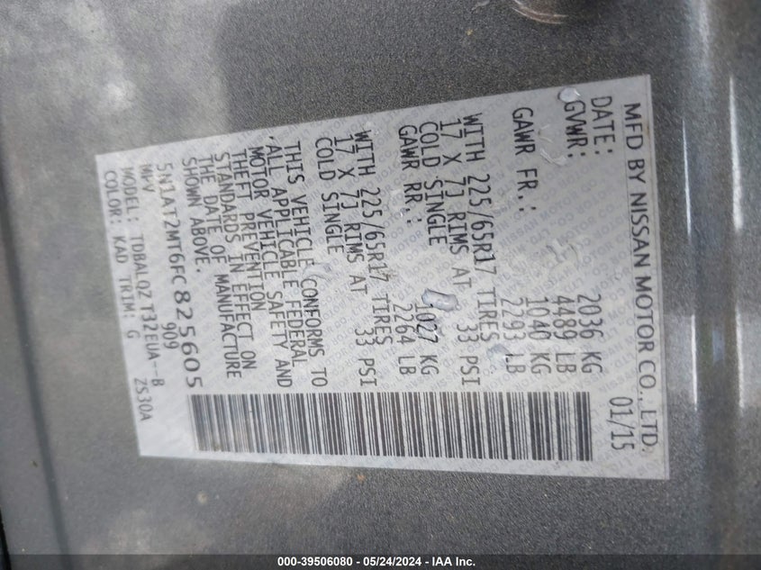 2015 Nissan Rogue Sv VIN: 5N1AT2MT6FC825605 Lot: 39506080