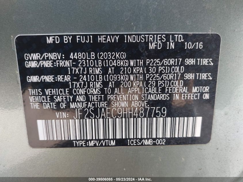 2017 Subaru Forester 2.5I Premium VIN: JF2SJAEC9HH487759 Lot: 39506085