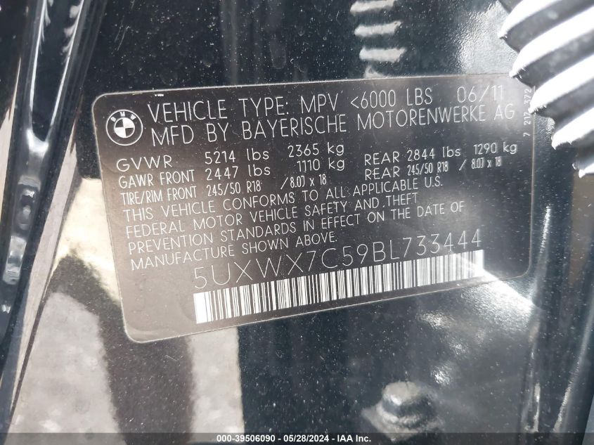 2011 BMW X3 xDrive35I VIN: 5UXWX7C59BL733444 Lot: 39506090