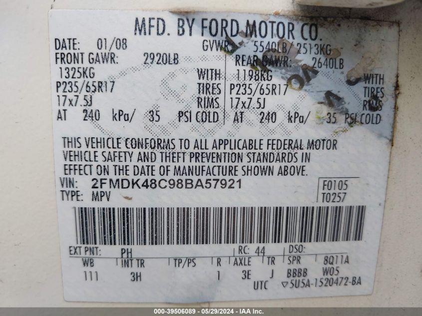 2008 Ford Edge Sel VIN: 2FMDK48C98BA57921 Lot: 39506089