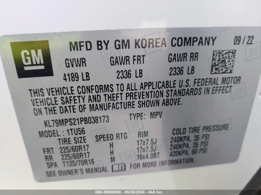 2023 Chevrolet Trailblazer Fwd Lt VIN: KL79MPS21PB038173 Lot: 39506098