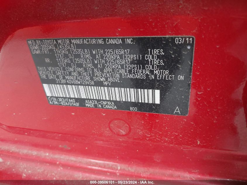 2011 Toyota Rav4 VIN: 2T3BF4DV6BW129458 Lot: 39506101