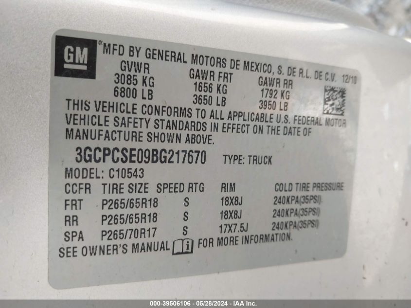 2011 Chevrolet Silverado 1500 Lt VIN: 3GCPCSE09BG217670 Lot: 39506106