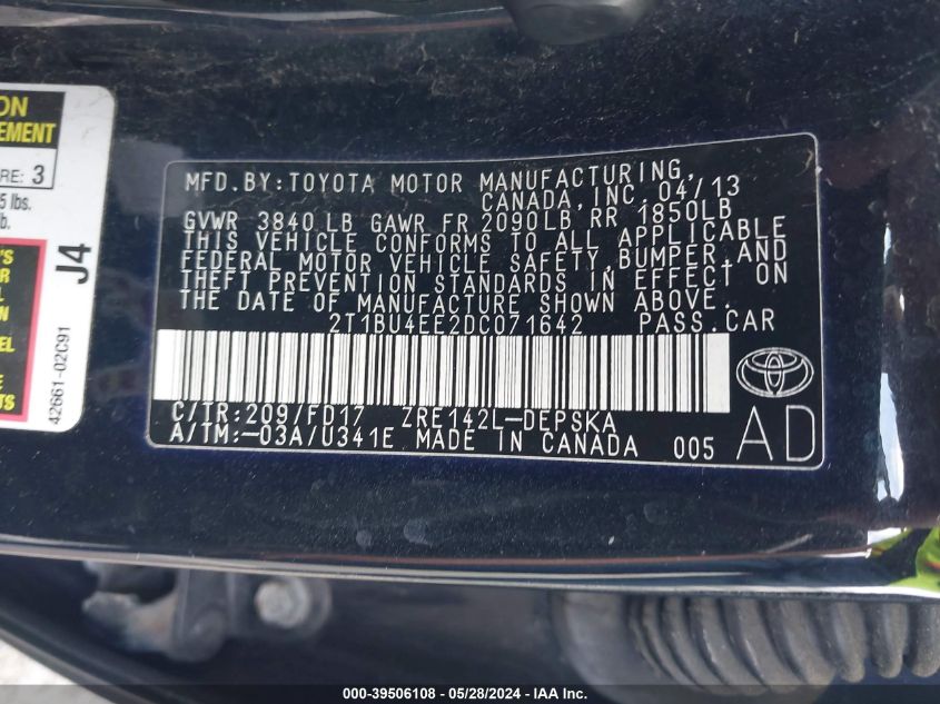 2013 TOYOTA COROLLA S - 2T1BU4EE2DC071642