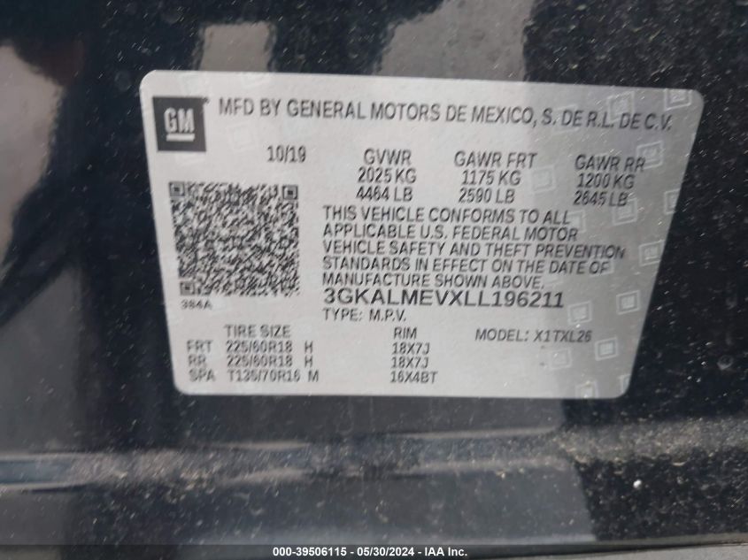 2020 GMC Terrain Sle VIN: 3GKALMEVXLL196211 Lot: 39506115