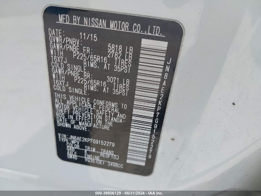 2016 Nissan Quest Platinum/S/Sl/Sv VIN: JN8AE2KP7G9152279 Lot: 39506129