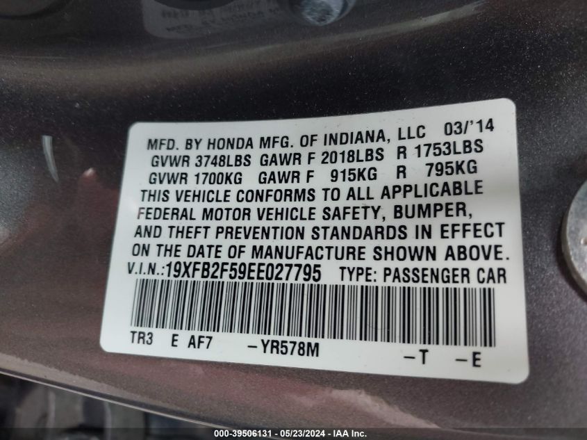 2014 Honda Civic Lx VIN: 19XFB2F59EE027795 Lot: 39506131