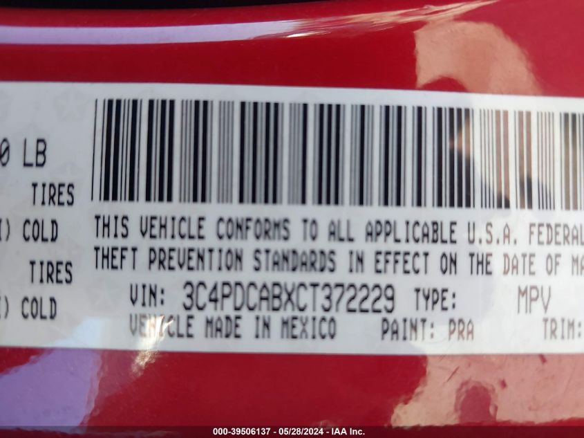 2012 Dodge Journey Se/Avp VIN: 3C4PDCABXCT372229 Lot: 39506137