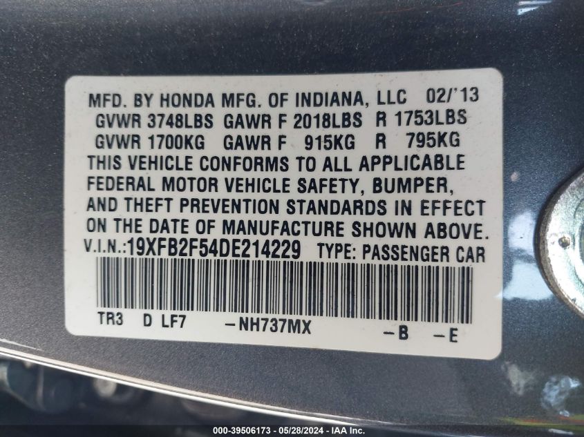 2013 Honda Civic Lx VIN: 19XFB2F54DE214229 Lot: 39506173