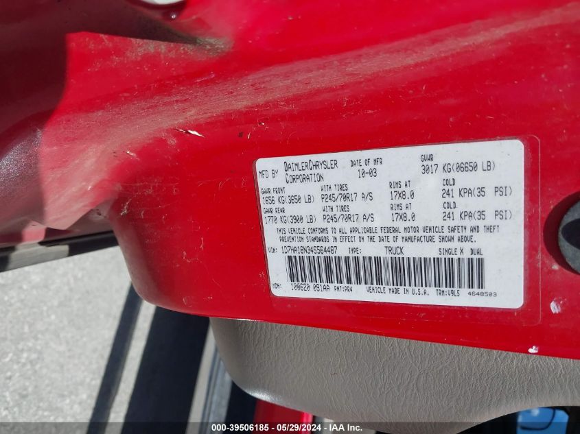 2004 Dodge Ram 1500 Slt/Laramie VIN: 1D7HA18N34S564487 Lot: 39506185