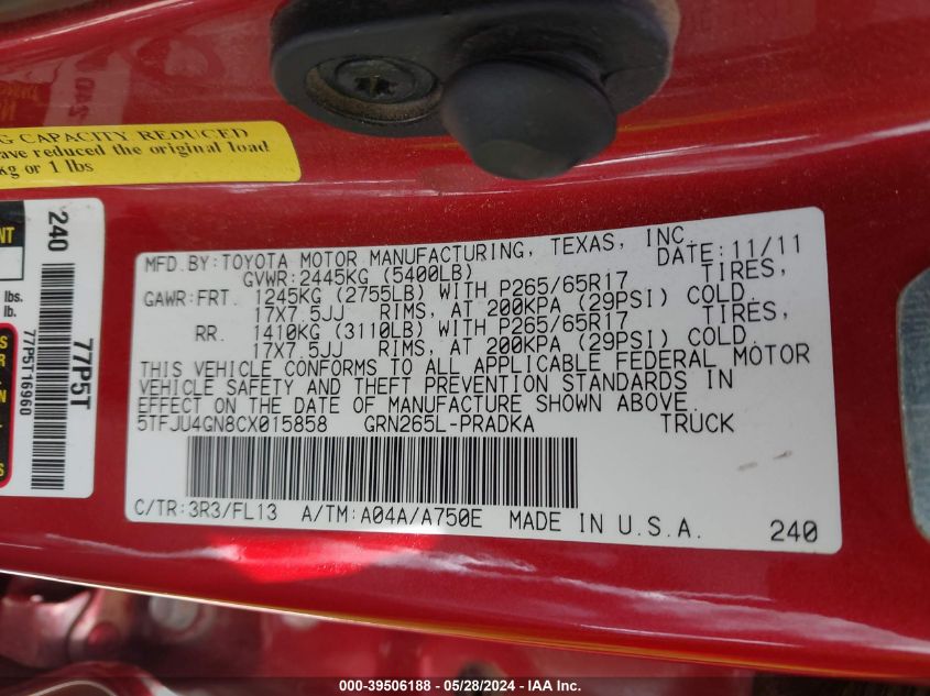 2012 Toyota Tacoma Prerunner V6 VIN: 5TFJU4GN8CX015858 Lot: 39506188