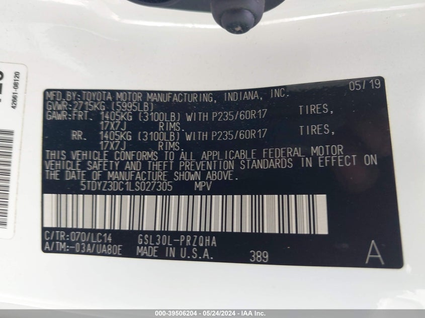 2020 Toyota Sienna Xle Premium VIN: 5TDYZ3DC1LS027305 Lot: 39506204