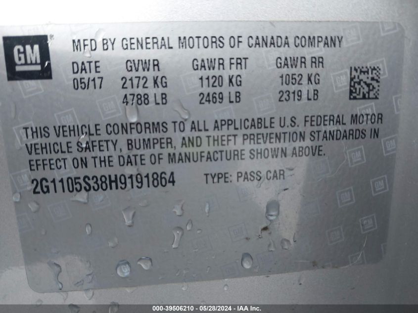 2017 Chevrolet Impala 1Lt VIN: 2G1105S38H9191864 Lot: 39506210