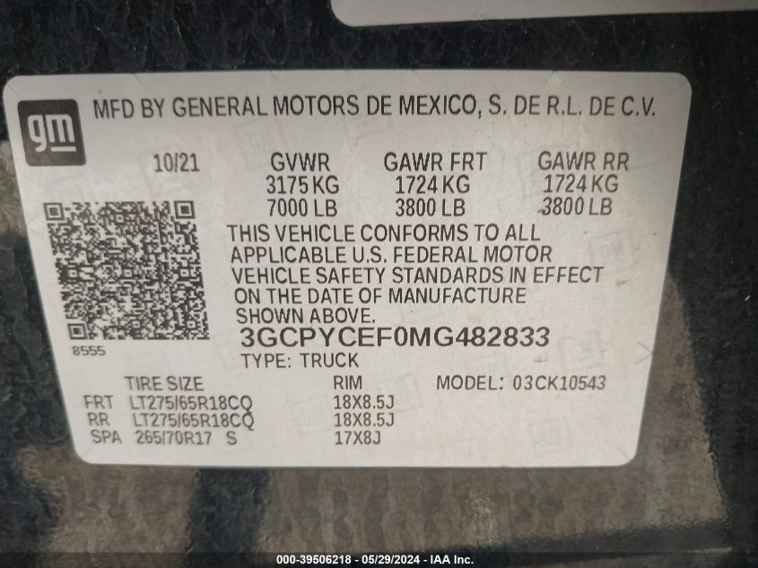 2021 Chevrolet Silverado 1500 VIN: 3GCPYCEF0MG482833 Lot: 39506218