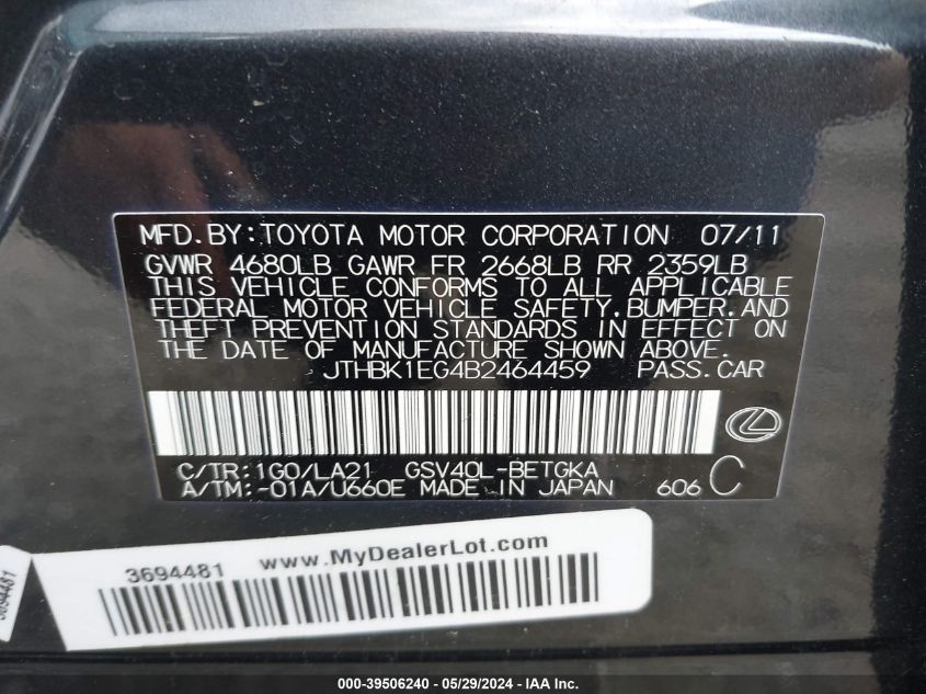 2011 Lexus Es 350 VIN: JTHBK1EG4B2464459 Lot: 39506240