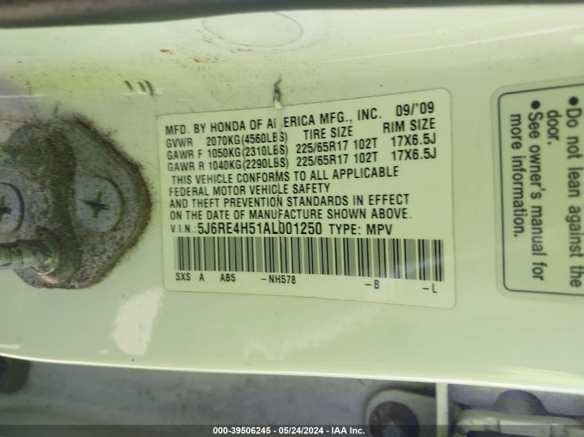 2010 Honda Cr-V Ex VIN: 5J6RE4H51AL001250 Lot: 39506245
