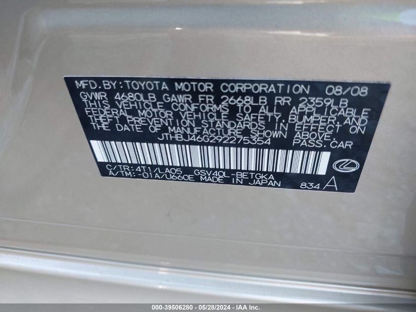 2009 Lexus Es 350 VIN: JTHBJ46G292275354 Lot: 39506280