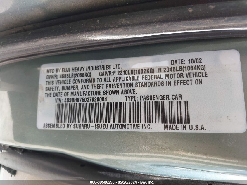 2003 Subaru Outback VIN: 4S3BH675037626004 Lot: 39506290