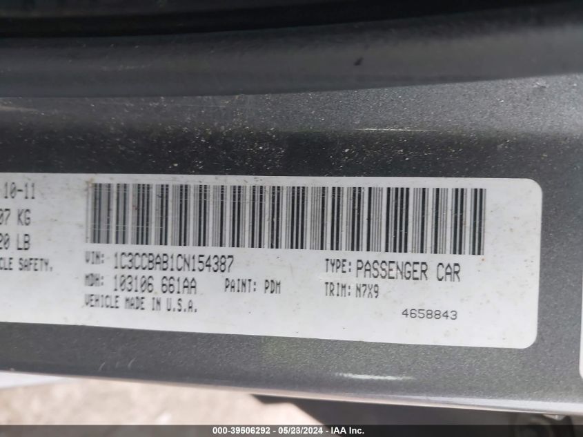 2012 Chrysler 200 Lx VIN: 1C3CCBAB1CN154387 Lot: 39506292