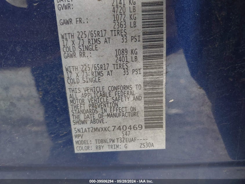 2019 Nissan Rogue S VIN: 5N1AT2MVXKC740469 Lot: 39506294