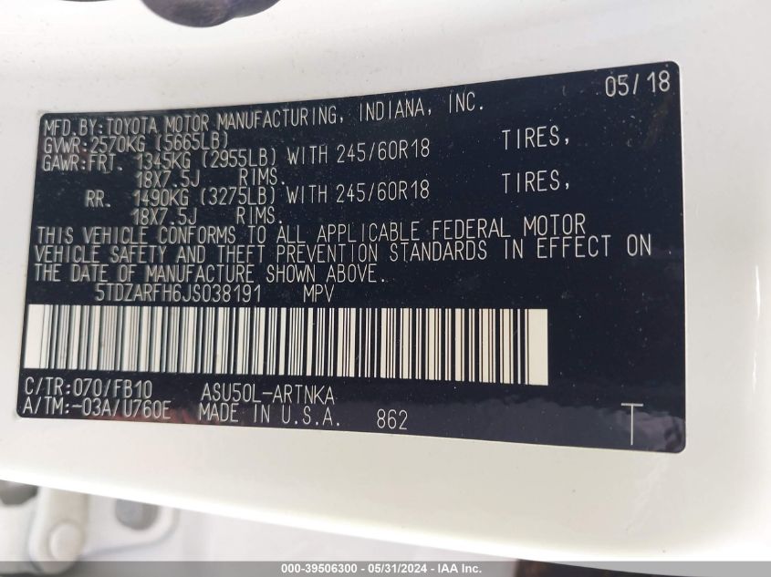 2018 Toyota Highlander Le VIN: 5TDZARFH6JS038191 Lot: 39506300