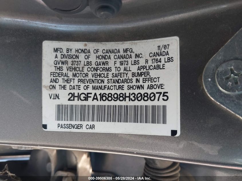 2008 Honda Civic Ex VIN: 2HGFA16898H308075 Lot: 39506305