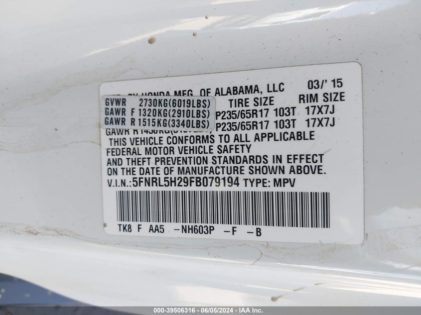 2015 Honda Odyssey Lx VIN: 5FNRL5H29FB079194 Lot: 39506316