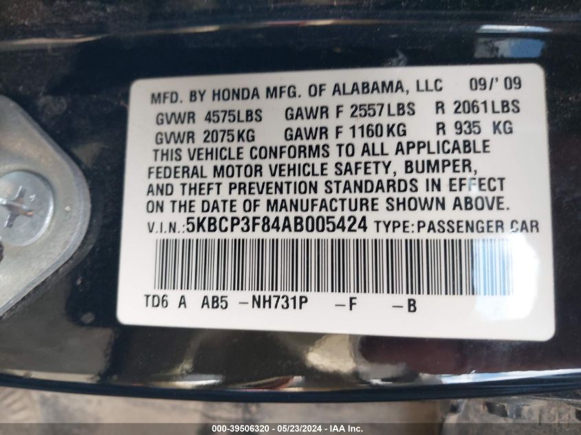 2010 Honda Accord 3.5 Ex-L VIN: 5KBCP3F84AB005424 Lot: 39506320