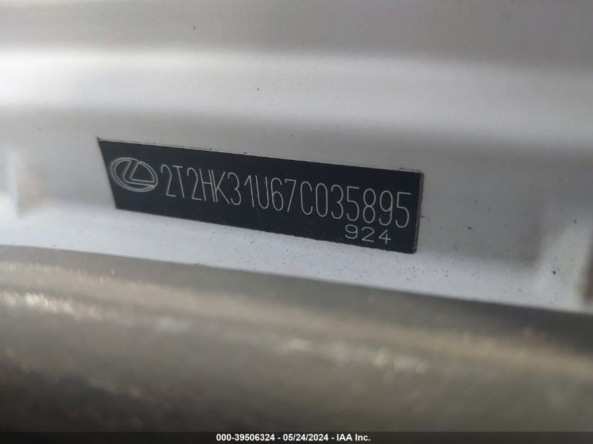 2007 Lexus Rx 350 VIN: 2T2HK31U67C035895 Lot: 39506324